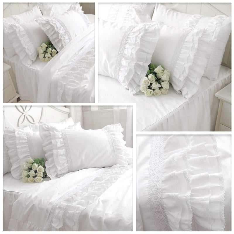 QSH Queens House White Ruffle Pillow Shams Cotton Vintage Embroidery Lace Pillowcases King Size Set of 2 - Image 2